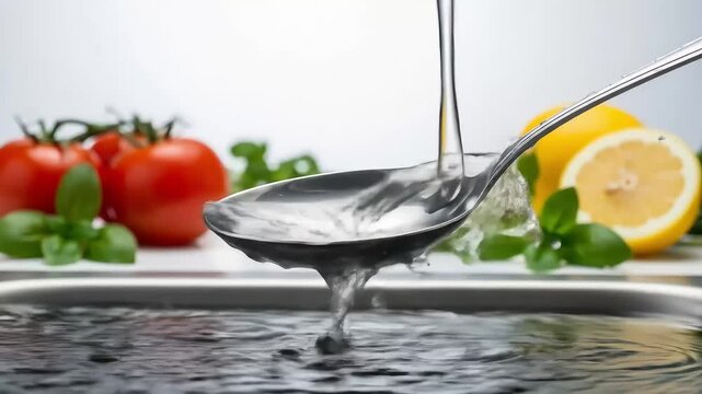 Water Pouring into a Ladle over a Kitchen Sink.
