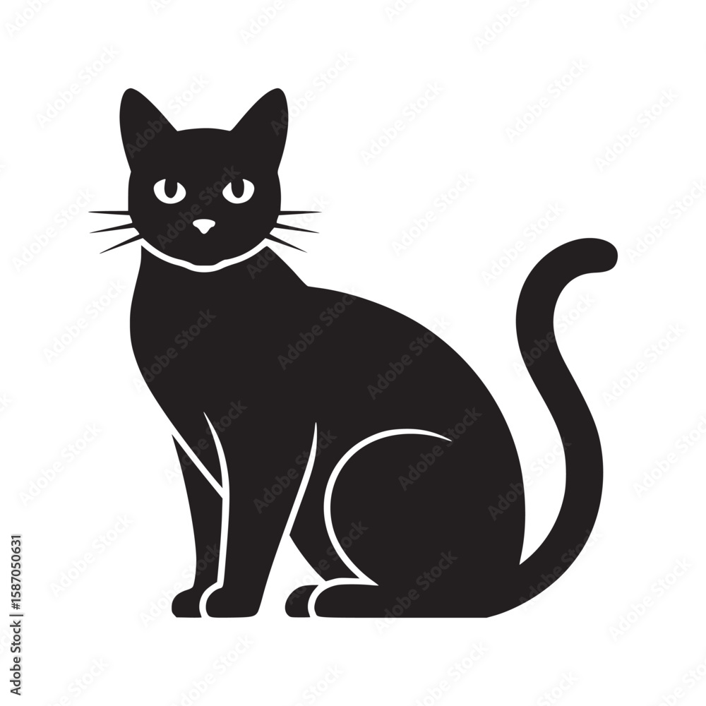 Aufkleber a black cat sitting upright with a curled tail and pointed ears on a white background vector image