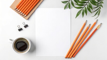 Overhead shot of a blank paper on a white desk with pencils, coffee, and a plant, isolated on white background