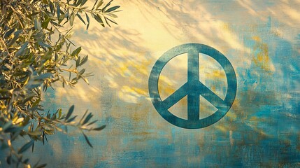 Design a striking image of the universal peace symbol, blending it with elements of nature like olive branches and soft rays of sunlight, set against a tranquil sky, global harmony and unity 