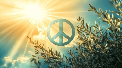 Design a striking image of the universal peace symbol, blending it with elements of nature like olive branches and soft rays of sunlight, set against a tranquil sky, global harmony and unity 