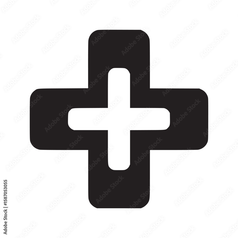 Poster a simple black plus sign with rounded edges isolated on a white background in a minimalist style