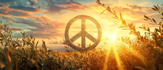 Design a striking image of the universal peace symbol, blending it with elements of nature like olive branches and soft rays of sunlight, set against a tranquil sky, global harmony and unity 