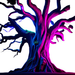 A striking digital artwork depicts a glowing neon tree against a dark background with vibrant pink and blue hues.