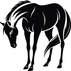 Obraz premium Black and white horse illustration. Stylized vector art of a grazing horse with flowing mane and tail in minimalist line art. Perfect for equestrian branding, farm logos, and animal-themed designs.