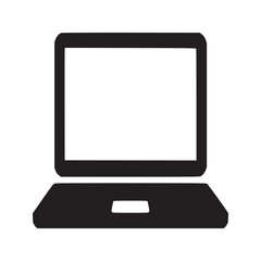 A simple black and white illustration of a laptop computer with a blank screen on a white background