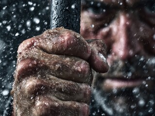 Fototapeta premium Intense Close-Up of Weathered Hand Gripping a Stormy Sword Handle
