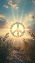 Design a striking image of the universal peace symbol, blending it with elements of nature like olive branches and soft rays of sunlight, set against a tranquil sky, global harmony and unity 