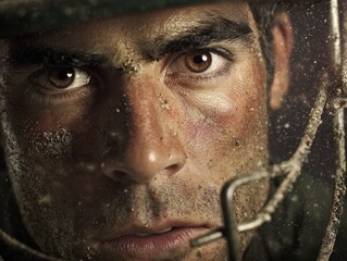Intense Portrait of a Soldier Covered in Dirt and Determination