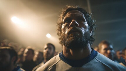 Intense Rugby Player Staring Ahead in Dramatic Sports Atmosphere
