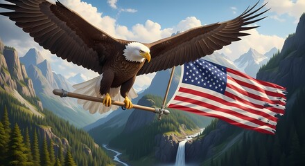 Majestic bald eagle in flight, carrying an American flag over a dramatic mountain landscape.