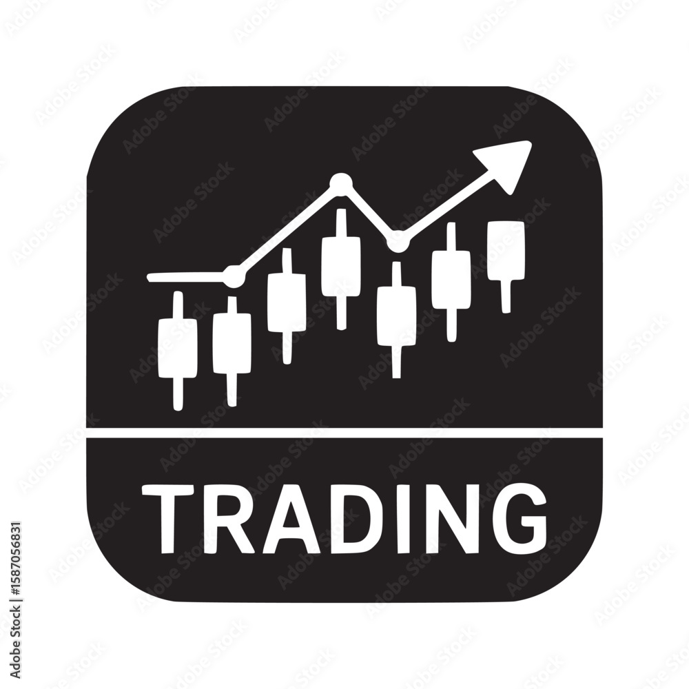 Poster black square icon displaying an upward trending stock chart with the word trading at the bottom