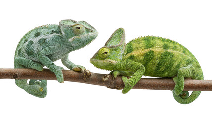Chameleon resting on a branch against a white background showing colorful reptile features