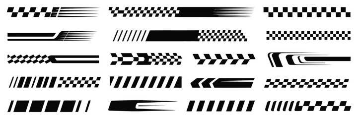 Racing cars and race car stripes set, angled checkered patterns, checkered flag, finish line, motocross labels, dynamic lines, sport decals, and vehicle tuning stickers