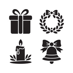 Four christmas themed icons including a gift a wreath a candle and a bell in black and white style