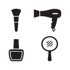 Illustrated beauty tools featuring a brush hair dryer nail polish and hand mirror in black and white