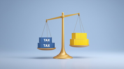 Golden balance scale weighing blue containers labeled tax against yellow containers symbolizing trade showcasing taxation impact on import export.