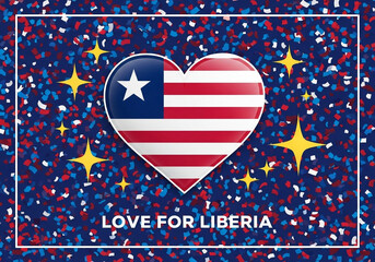 Celebratory Liberia artwork with heart shaped flag emblem amidst confetti and stars for national pride and event backgrounds.