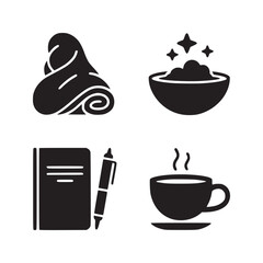 Black silhouette icons of towel, bowl with stars, notepad, and cup of hot drink on white background