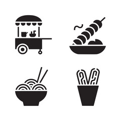 A collection of food icons featuring a food cart, skewers, noodles, and a container of snacks or fries