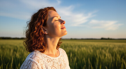 Serene redhead woman with eyes closed enjoying the golden hour sunset in a green field, feeling peaceful and free