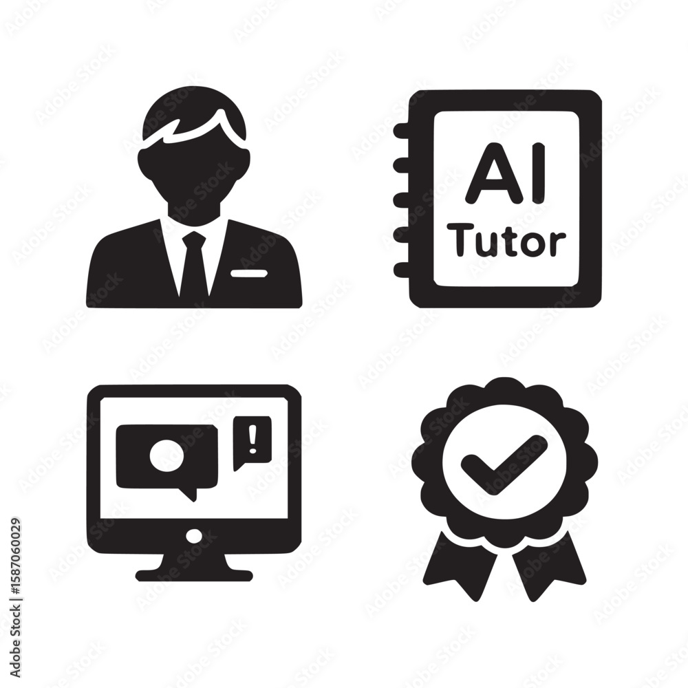 Poster ai tutor concept with teacher notebook computer and achievement badge in black and white vector icon