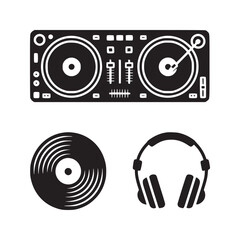Illustration of dj equipment including a turntable mixer vinyl record and headphones in black and white