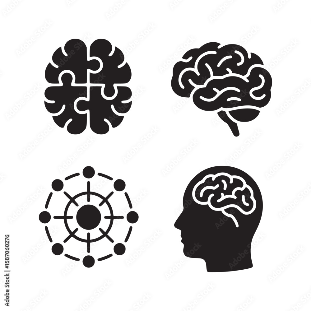 Poster a set of four brain related icons including a puzzle brain and a brain inside a head silhouette
