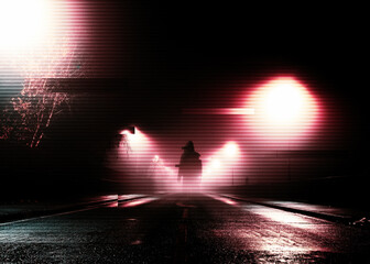 A glitch, creepy transparent  hooded ghost, standing in the middle of the road on a spooky foggy night