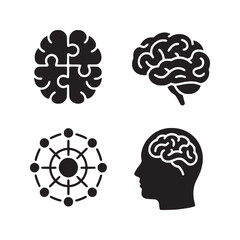 A set of four brain related icons including a puzzle brain and a brain inside a head silhouette