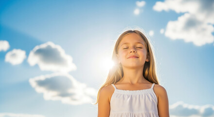 Obraz premium Serene young girl with blonde hair smiling with eyes closed, enjoying the warm sunlight against a bright blue summer sky