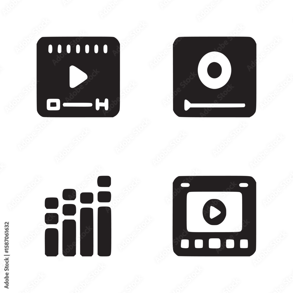 Poster four black media player icons with play buttons and sound bars on a white background surface view
