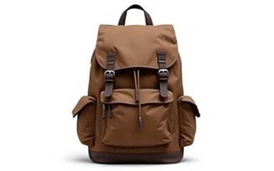 Naklejka premium A stylish brown backpack with leather accents is isolated on a clean white background, perfect for showcasing its design and functionality for travel or everyday use.
