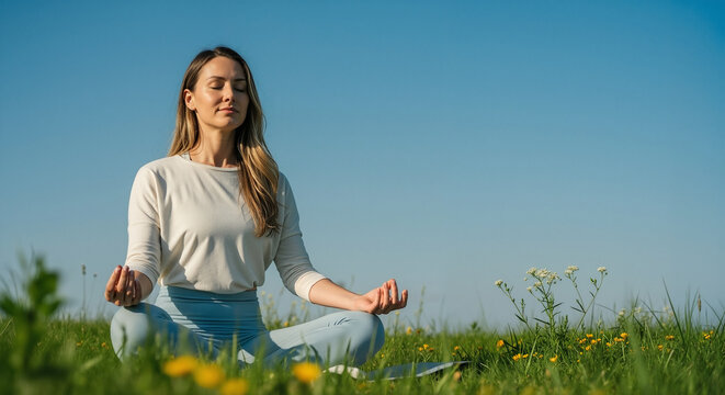 Peaceful woman with closed eyes meditating in a yoga lotus pose on a green meadow with copy space under a clear blue sky