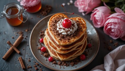Stack of heart shaped pancakes topped with whipped cream and cherry on a plate with roses around