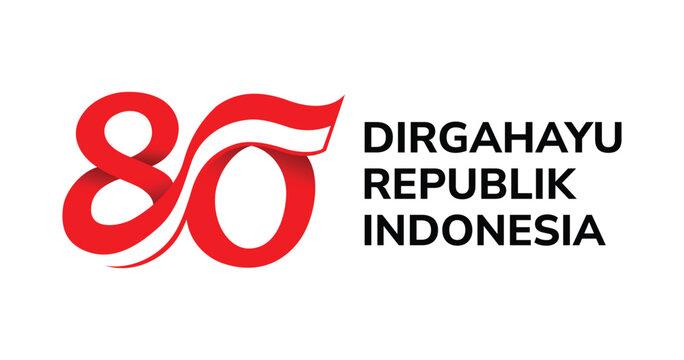 Bold red number 80 logo with Indonesian flag ribbon and text “Dirgahayu Republik Indonesia”, celebrating the 80th Independence Day. Modern, patriotic, symbolic, and culturally significant design.