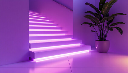 Obraz premium A contemporary home interior features a sleek staircase illuminated by vibrant purple LED lights, which serve as both a nighttime security light and a stylish decorative backdrop.