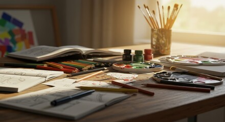 Art supplies on wooden table creative workspace
