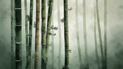 Serene Bamboo Forest in Misty Atmosphere with Soft Hues and Shadows