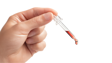 Hand with Dropper and Liquid Multivitamin Droplet on Transparent Background


