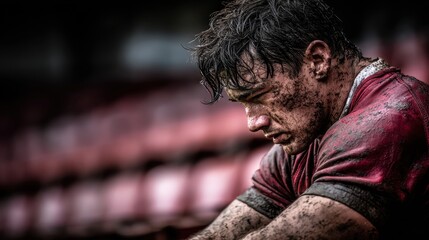 Determined Rugby Player Reflects After Intense Match with Muddy Gear