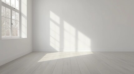 Obraz premium 3D stimulate of white room interior and wood plank floor with sun light cast on the wall,Perspective of minimal design architecture 