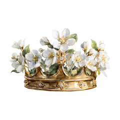 Watercolor painting of a gold crown with flower on transparent background