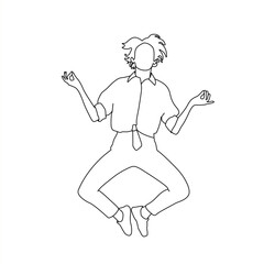 Meditative Pose in Mid Air Line Art, Zen Jumping Pose Minimalist Outline