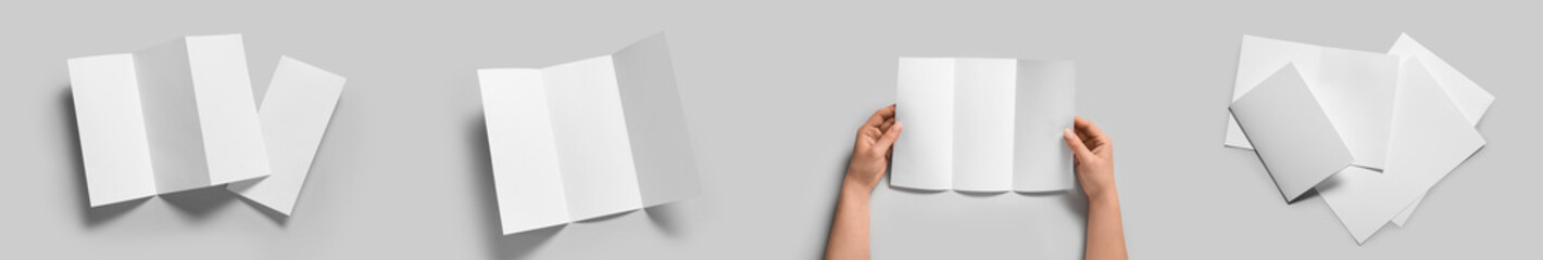 Collage of blank brochures on grey background, top view