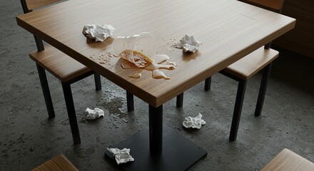 Spilled drink and crumpled paper scattered on a wooden table with chairs, creating a messy and abandoned scene.