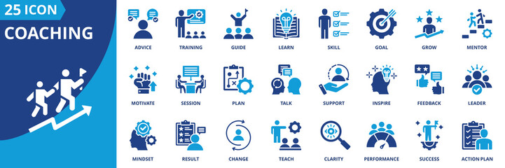 coaching icon set collection in solid glyph style. an icon pack contain mentor,guide,train,learn,grow,skill,goal © Uniconlabs