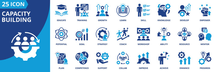 capacity building icon set collection in solid glyph style. an icon pack contain goal,training,skill,knowledge,growth,develop,learn