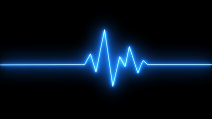 Blue glowing neon heart pulse. Heart beat. Electrocardiogram. One pulse line. ECG heartbeat monitor, Pulse heart rhythm, heartbeat cardiogram, medical line icon on black background.	