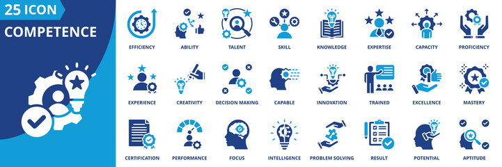 competence icon set collection in solid glyph style. an icon pack contain skill,ability,knowledge,expertise,talent,capacity,proficiency